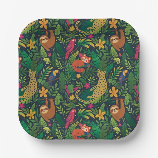 Hand Drawn Rainforest Animals Paper Plates ペーパープレート (正面)