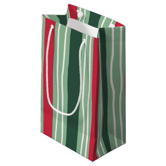 Hand Drawn Red and Green Striped Holiday スモールペーパーバッグ (正面アングル)