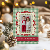 Hand Drawn Red Bow Green Plaid Christmas Photo シーズンカード