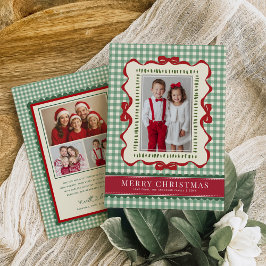 Hand Drawn Red Bow Green Plaid Christmas Photo シーズンカード