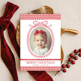 Hand-Drawn Red Bow Ribbon Christmas Holiday Photo シーズンカード