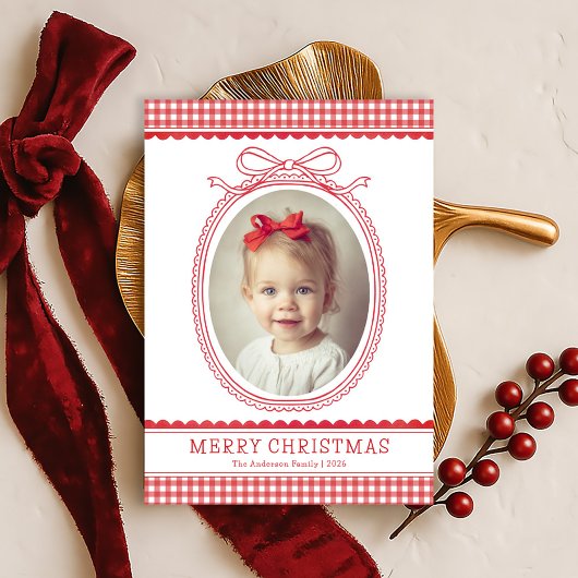 Hand-Drawn Red Bow Ribbon Christmas Holiday Photo シーズンカード