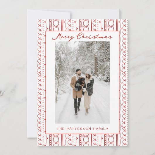 Hand Drawn Red Bows Doodle Pattern Photo Christmas シーズンカード (正面)