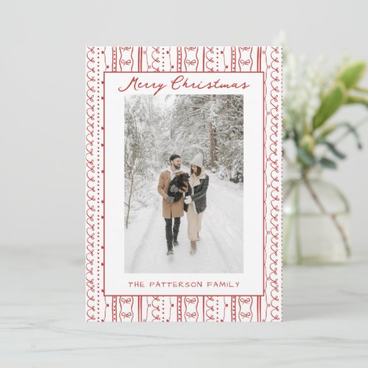 Hand Drawn Red Bows Doodle Pattern Photo Christmas シーズンカード (スタンド正面)