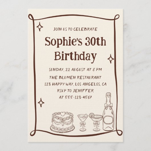 Hand Drawn Red & Cream 30TH Birthday Photo  招待状 (正面)