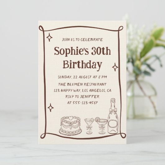 Hand Drawn Red & Cream 30TH Birthday Photo  招待状 (スタンド正面)