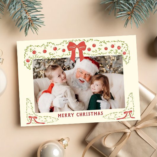 Hand Drawn Red Green Bow Christmas Holiday Card シーズンカード