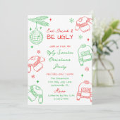 Hand Drawn Red Green Ugly Sweater Christmas Party シーズンカード (スタンド正面)