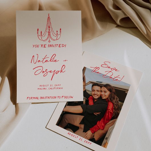 Hand Drawn Red Old Money Retro Photo Wedding セーブザデート