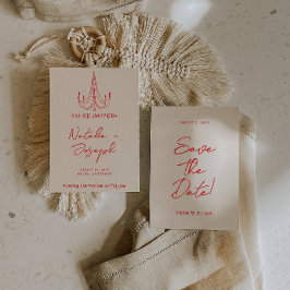 Hand Drawn Red Old Money Retro Quirky Wedding セーブザデート