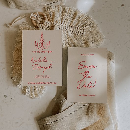 Hand Drawn Red Old Money Retro Quirky Wedding セーブザデート