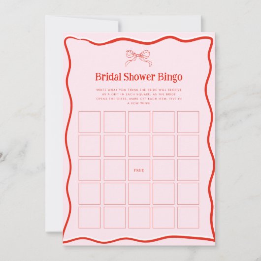Hand Drawn Red Pink Bow Bridal Shower Bingo Game 招待状 (正面)