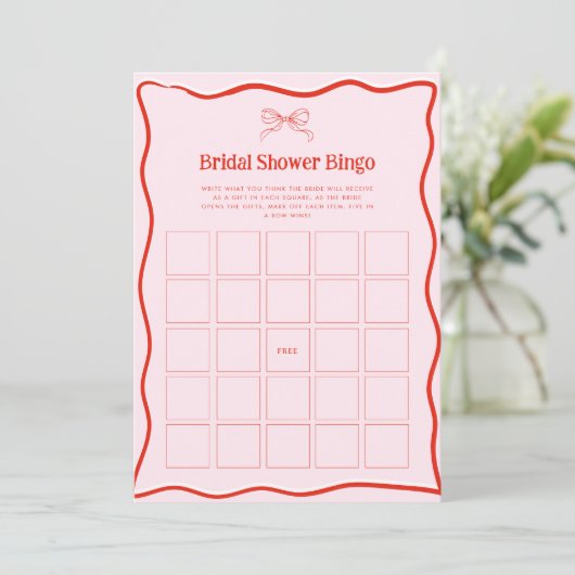 Hand Drawn Red Pink Bow Bridal Shower Bingo Game 招待状 (スタンド正面)