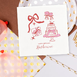 Hand Drawn Red Pink Doodles Birthday Party スタンダードカクテルナプキン