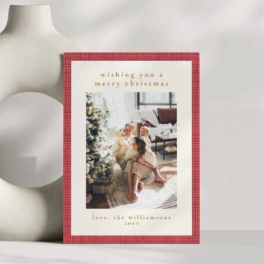 Hand Drawn Red Plaid Modern Family Christmas Photo シーズンカード