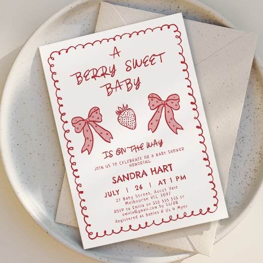 Hand Drawn Red Strawberry Berry Sweet Baby Shower  招待状