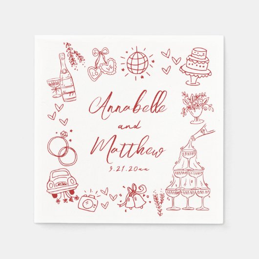 Hand Drawn Red Whimsical Wedding スタンダードカクテルナプキン (正面)