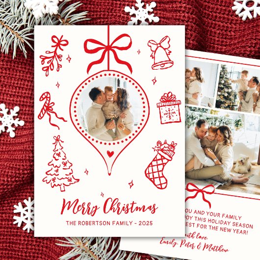 Hand-Drawn Red White Doodle Photo Merry Christmas シーズンカード