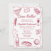 Hand Drawn Retro Red Italian Casual Bridal Brunch 招待状 (正面)