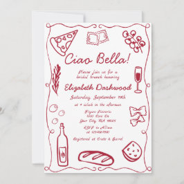 Hand Drawn Retro Red Italian Casual Bridal Brunch 招待状