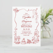 Hand Drawn Retro Whimsical Burgundy Wedding Photo 招待状 (スタンド正面)