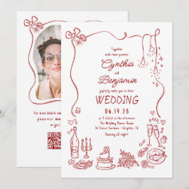 Hand Drawn Retro Whimsical Burgundy Wedding Photo 招待状