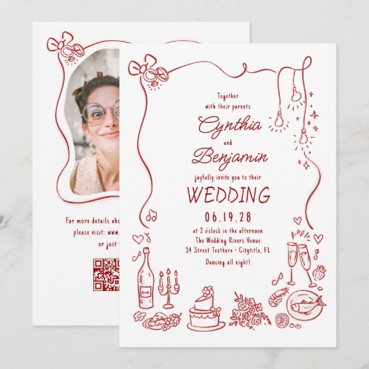 Hand Drawn Retro Whimsical Burgundy Wedding Photo 招待状 (正面/裏面)