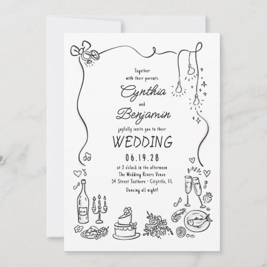 Hand Drawn Retro Whimsical Cocktail Wedding Photo 招待状 (正面)