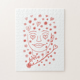 Hand-Drawn Romantic Line Art Face with Hearts and  ジグソーパズル