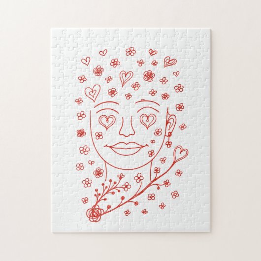 Hand-Drawn Romantic Line Art Face with Hearts and ジグソーパズル (縦)