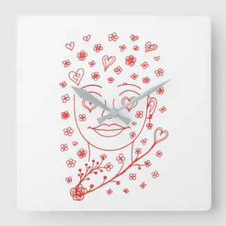 Hand-Drawn Romantic Line Art Face with Hearts and  スクエア壁時計