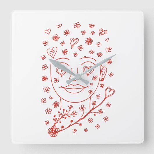 Hand-Drawn Romantic Line Art Face with Hearts and スクエア壁時計 (正面)