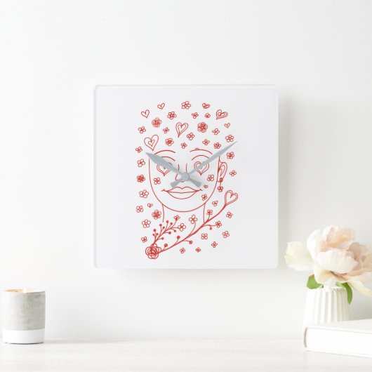 Hand-Drawn Romantic Line Art Face with Hearts and  スクエア壁時計 (ホーム)