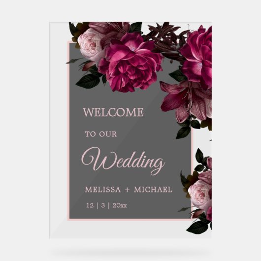 Hand Drawn Romantic Roses Wedding Welcome アクリルサイン (正面)