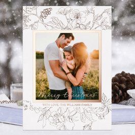 Hand Drawn Rose Gold & White Floral Christmas 箔シーズンカード