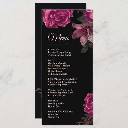 Hand Drawn Roses Dark Romantic Wedding メニュー (正面/裏面)