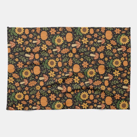 Hand Drawn Rustic Fall Pattern Kitchen Towel キッチンタオル (横)
