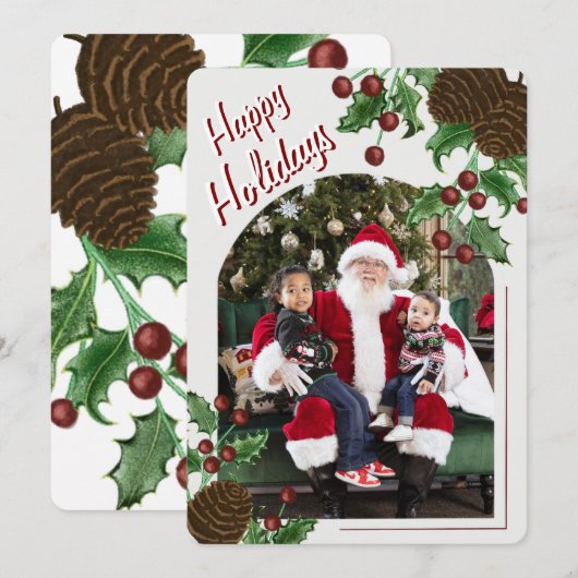 Hand Drawn Rustic Pinecone & Holly Christmas Photo シーズンカード (正面/裏面)