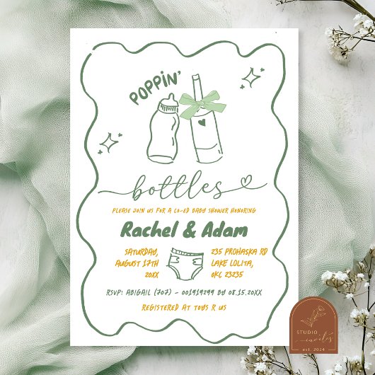 Hand Drawn Sage Green Poppin Bottles Baby Shower 招待状