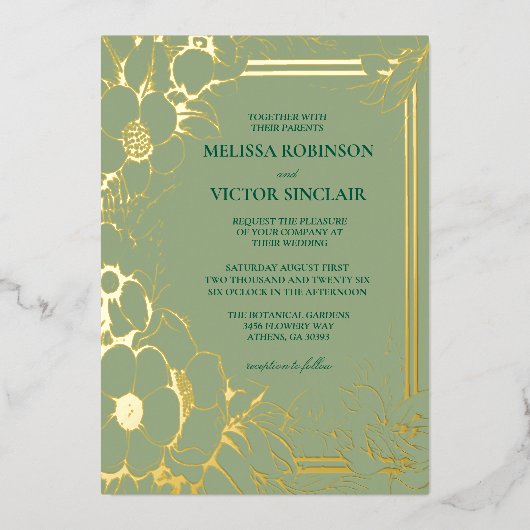 Hand Drawn Sage Green Wedding 箔招待状 (正面)