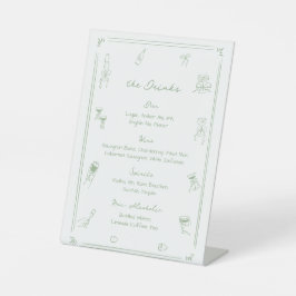 Hand Drawn Sage Green Wedding Bar Drink Menu 台座サイン