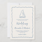 Hand Drawn Sailboat Blue Ivory Nautical Wedding 招待状 (正面)