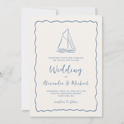 Hand Drawn Sailboat Blue Ivory Nautical Wedding 招待状 (正面)