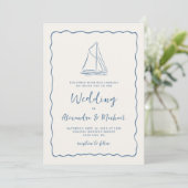 Hand Drawn Sailboat Blue Ivory Nautical Wedding 招待状 (スタンド正面)
