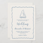 Hand Drawn Sailboat Blue Ivory Nautical Wedding 招待状 (正面/裏面)