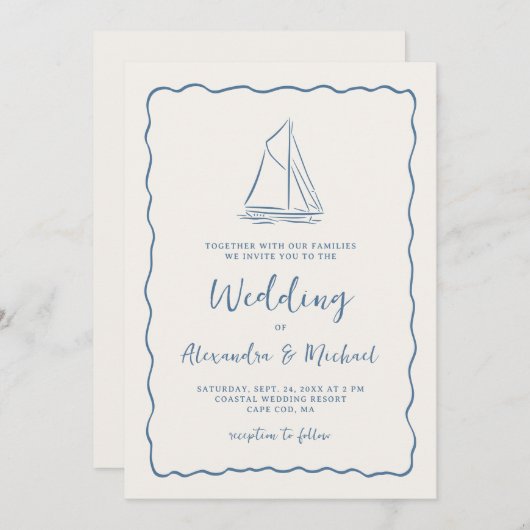 Hand Drawn Sailboat Blue Ivory Nautical Wedding 招待状 (正面/裏面)