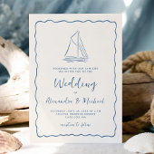 Hand Drawn Sailboat Blue Ivory Nautical Wedding 招待状