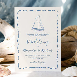 Hand Drawn Sailboat Blue Ivory Nautical Wedding 招待状