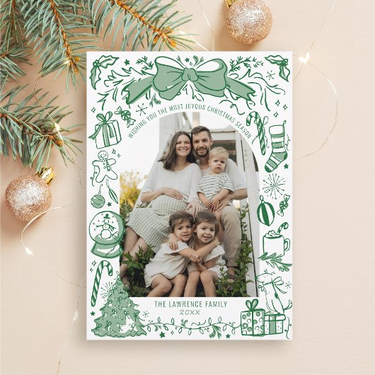 Hand Drawn Scribble Bow Green Arch Photo Christmas シーズンカード