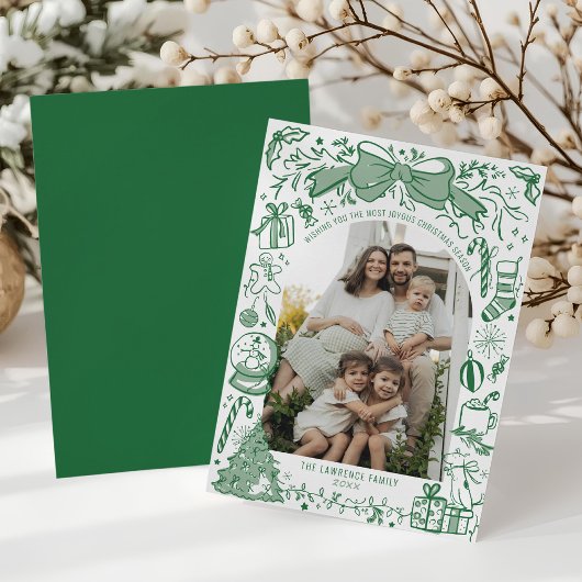 Hand Drawn Scribble Bow Green Arch Photo Christmas シーズンカード